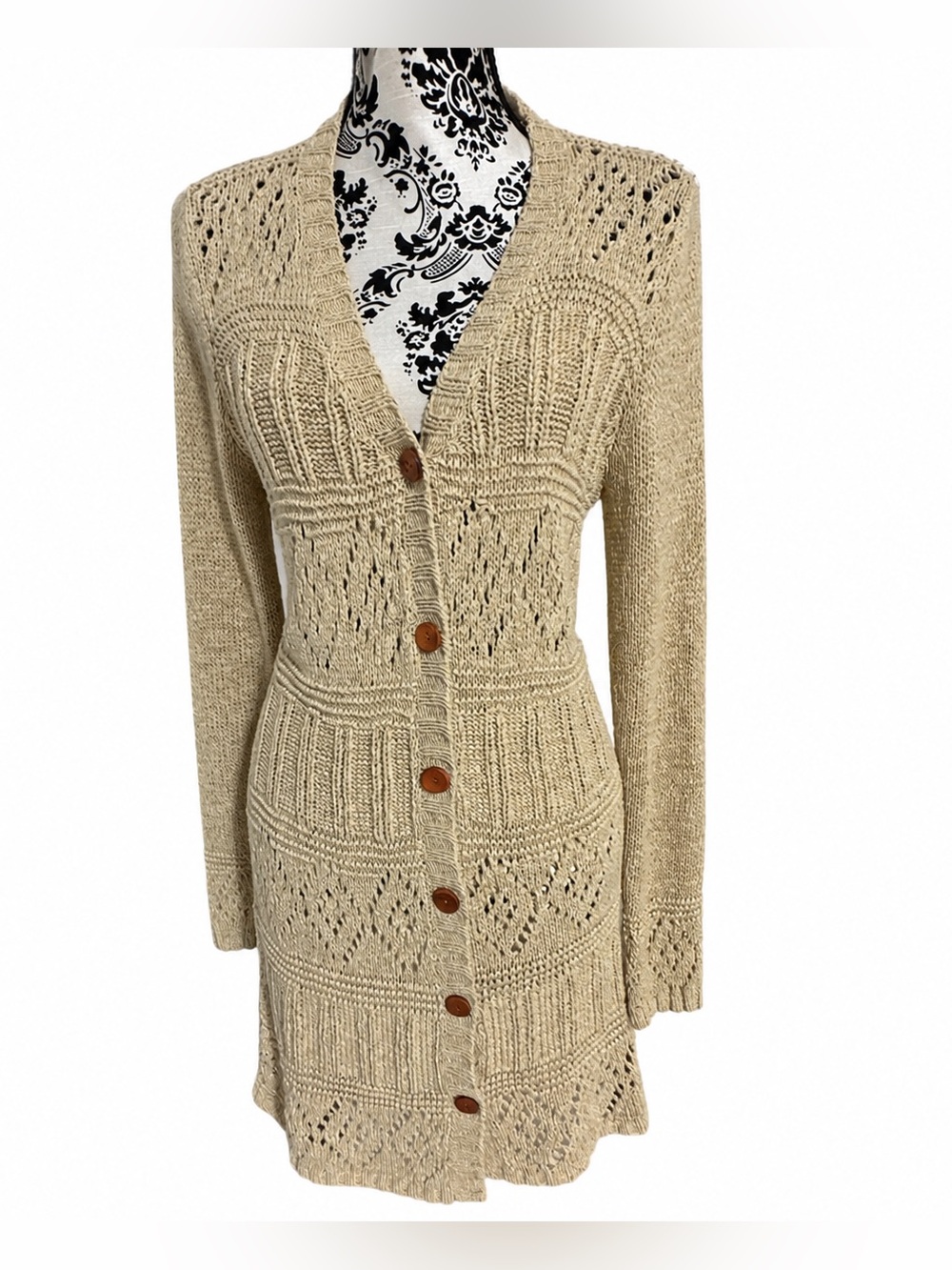BCBGMAXAZRIA Open Knit Duster Cardigan L Beige Boho Cottagecore Festival